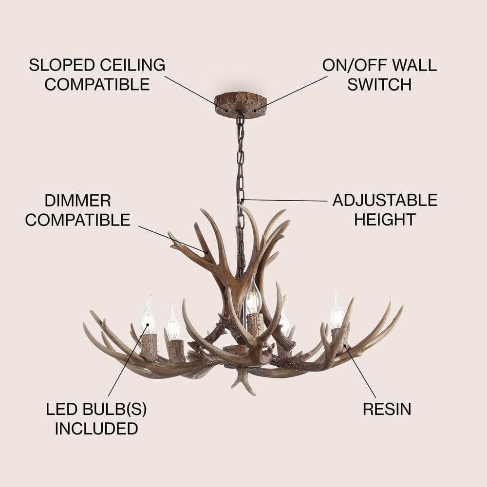 Eldora 30" Brown Resin Antler 5-Light Chandelier