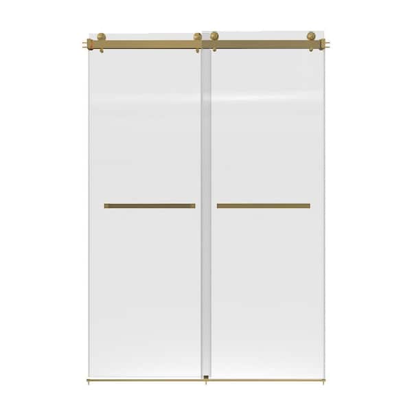 60 in. W x 75 in. H Sliding Frameless Shower Door in Brushed Gold with Clear Glass