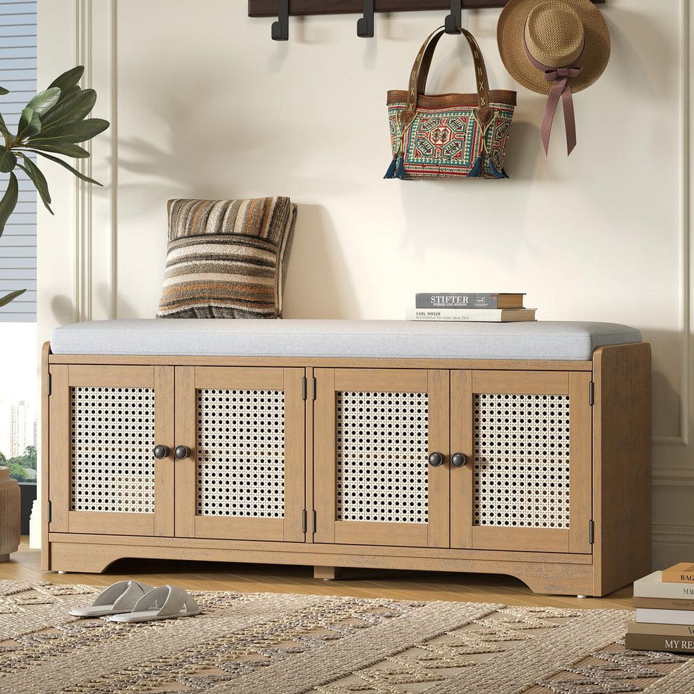 Valcrist Rustic Brown 47.4 in. Storage Entryway Shoe Bench Bedroom Bench with Beige Removable Cushion, Adjustable Shelf
