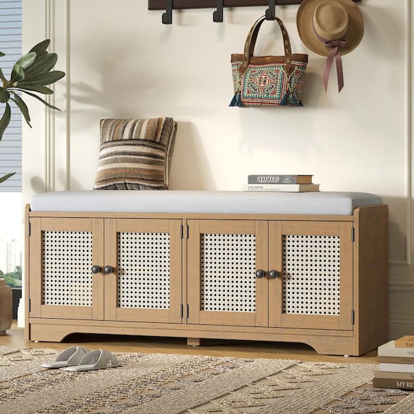 Valcrist Rustic Brown 47.4 in. Storage Entryway Shoe Bench Bedroom Bench with Beige Removable Cushion, Adjustable Shelf