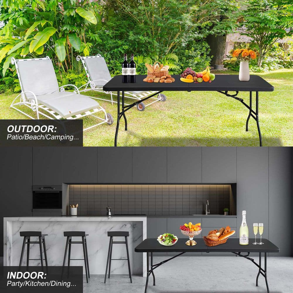 6 ft. Black Portable Outdoor Picnic Table, Folding Table Camping Table Suit
