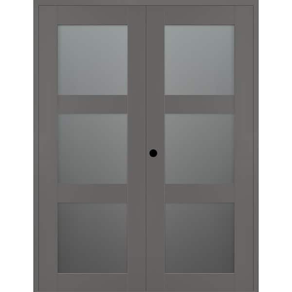 Belldinni Vona 3 Lite 72 in. x 80 in. Right Active 3-Lite Frosted Glass Gray Matte Wood Composite Double Prehung Interior Door