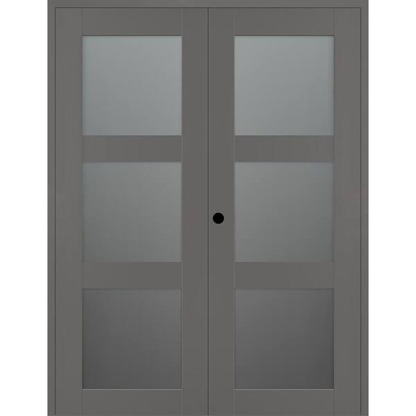 Vona 3-Lite 48 in. x 96 in. Right Active 3-Lite Frosted Glass Gray Matte Wood Composite Double Prehung Interior Door