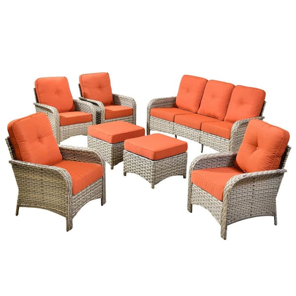 Ruby 7-Piece Wicker Modern Outdoor Furniture Patio Conversation Sofa Set with Orange Red Cushions