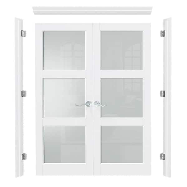 64 in. x 80 in. 10 Lite Frosted Glass Universal White Primed Double Prehung French Door w/ Quick Assemble Jamb, Handle