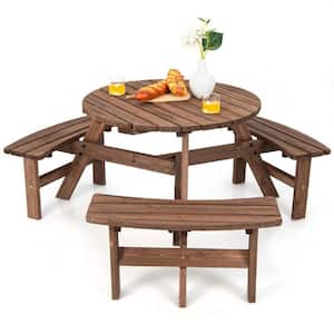 70 in. Dark brown Wooden Picnic Table Set with Bench 6 Person with Umbrella Hold, Sturdy and Durable
