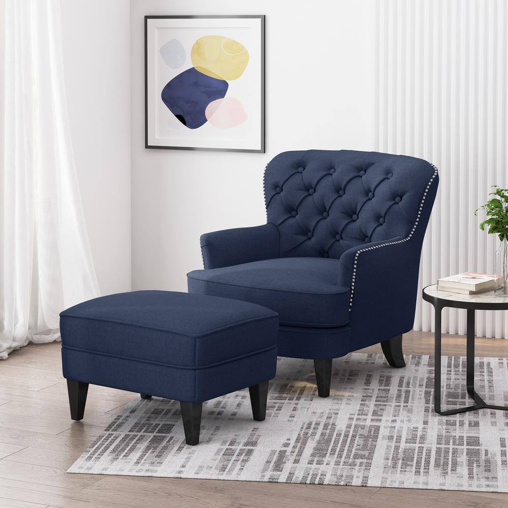 Dark Brown and Blue Handcrafted Wood Club Chair with Flared Arms
