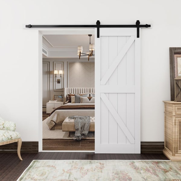 30 in. x 84 in. Paneled White Primed MDF British K-Shape MDF Sliding Barn Door Slab without Hardware Kit