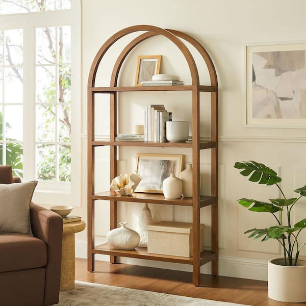 Vexley 72 in. Tall Walnut Wood 4-shelf Accent Bookcase with Pine Wood Frame