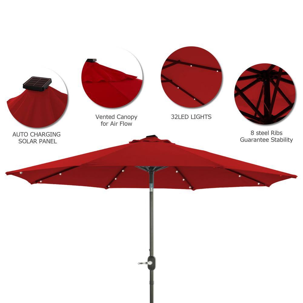 9 ft Red Solar LED Tilt Patio Umbrella with Steel Pole
