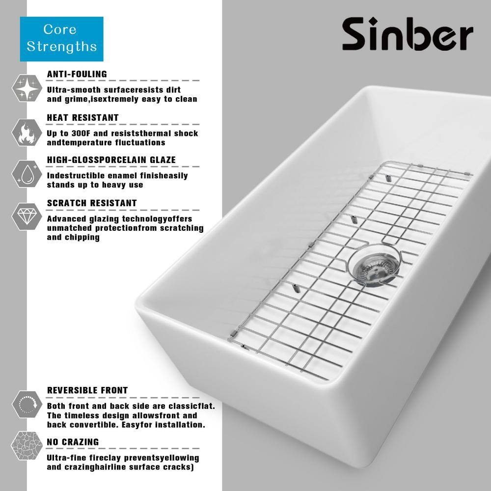 Sinber 36" White Fireclay Farmhouse Apron Single Bowl Kitchen Sink with Drainboard