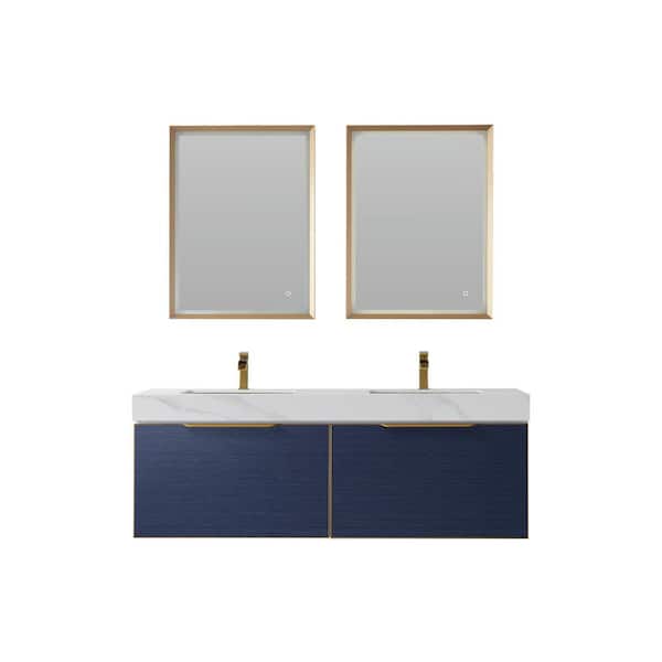 ROSWELL Alicante 60 in. W x 20. 9 in. D x 21.7 in. H Double Sink Bath Vanity in Blue with White Sintered Stone Top and Mirror