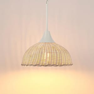 Modern 1-Light White Island Cage Pendant Light with Natural Rattan Shade