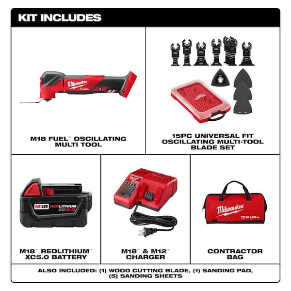 M18 FUEL 18V Brushless Oscillating Multi-Tool Kit w/ 5. 0Ah Battery, Charger, Bag with 15-Pc OMT Blade Kit