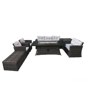Lois Wicker/Rattan 7-Person Fire Pit Conversation Seating Group with Cushions