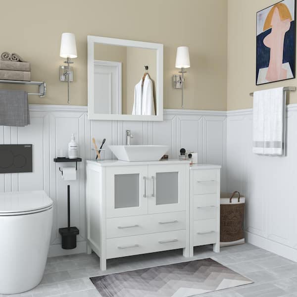 Vanity Art Ravenna 42 in. W Bathroom Vanity in White with Single Basin in White Engineered Marble Top and Mirror