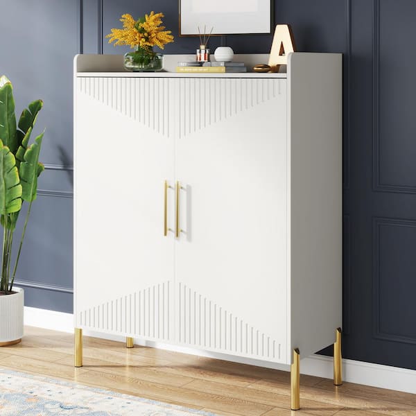 Lauren White 44 in. H Shoe Storage Cabinet with Adjustable Shelves, 30 Pairs Entryway Shoe Storage Cabinet with Doors