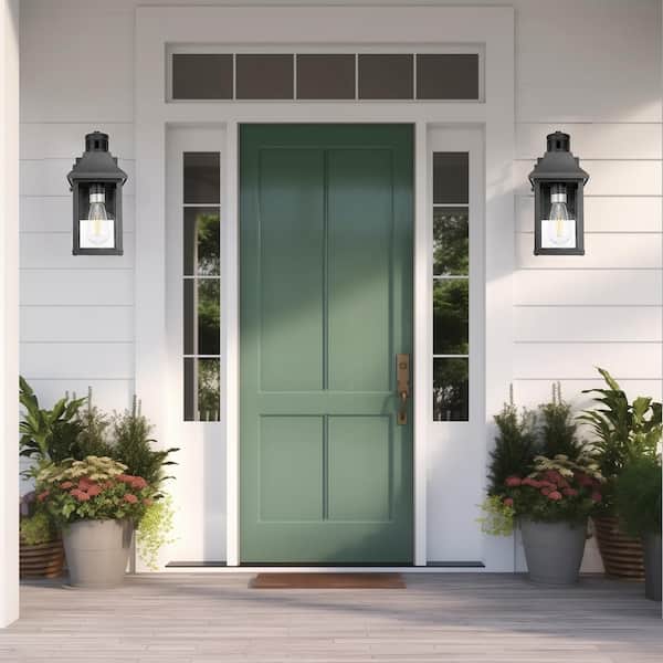 1-Light Black Dusk to Dawn Motion Sensor Outdoor Wall Lantern Sconce with Clear Glass and Built-In GFCI and USB Outlet