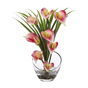 15.5 in. High Pink Calla Lily and Grass Artificial Arrangement in Vase