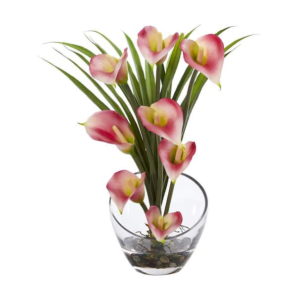 Nearly Natural 15.5 in. High Pink Calla Lily and Grass Artificial Arrangement in Vase
