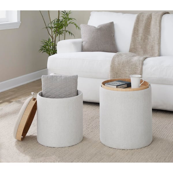 Lumisource Tray Cream Fabric and Natural Wood Nesting Ottoman Set