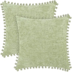 Pack-2 Outdoor Throw Pillow Cases Cozy Solid Dyed Soft Chenille Cushion Covers with Pom Poms