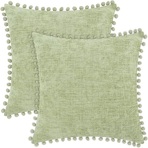 Unbranded Pack-2 Outdoor Throw Pillow Cases Cozy Solid Dyed Soft Chenille Cushion Covers with Pom Poms