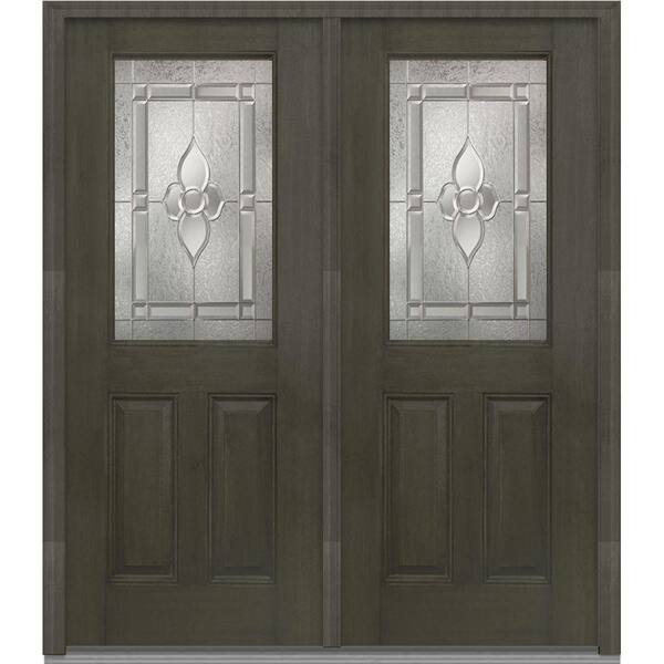 MMI Door 72 in. x 80 in. Master Nouveau Right-Hand Inswing 1/2-Lite Decorative Stained Fiberglass Mahogany Prehung Front Door