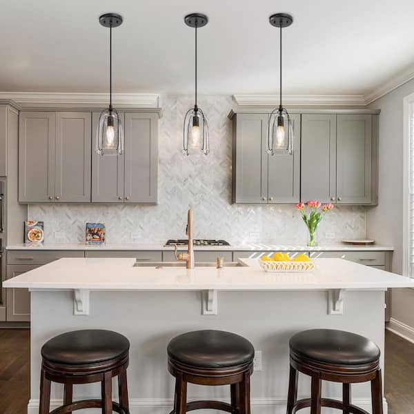 Modern Black Kitchen Island Hanging Light, 1-Light Industrial Cage Dining Room Pendant Light with Seeded Glass Shade