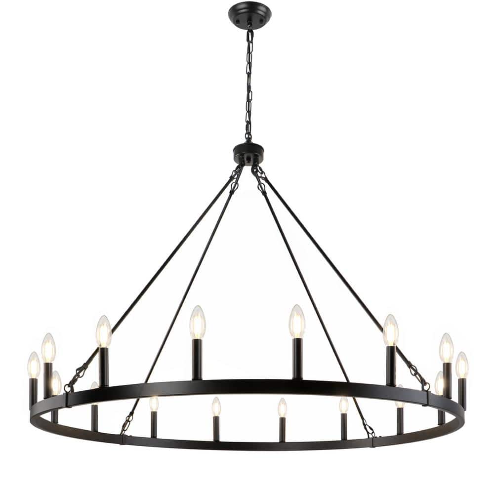 47 in. 16-Lights Large Candle Black Wagon Wheel Chandelier for Living Room 