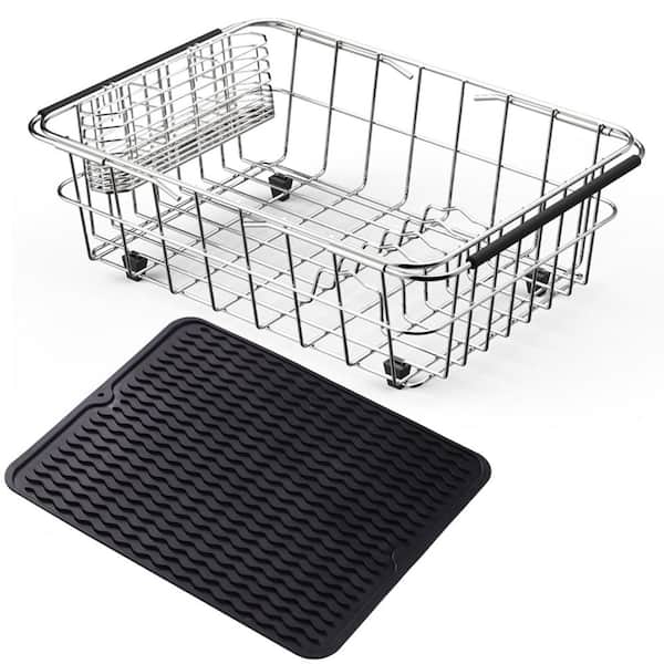 15.2x11x5.3 in Expandable Dish Drying Rack with Utensil Holder and Silicone Mat for Over Sink Silver