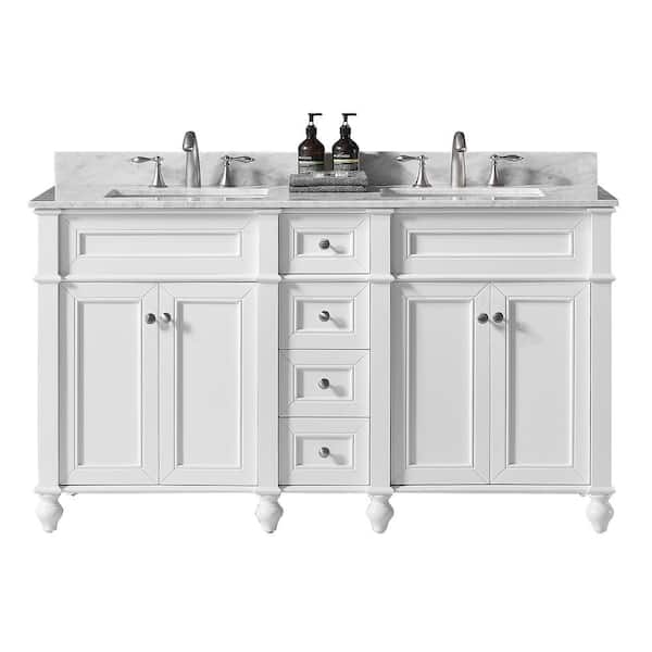 Exclusive Heritage Margaux 60 in. W x 22 in. D x 34.2 in. H Bath Vanity in White with Carrara Marble Vanity Top in White with White Basin