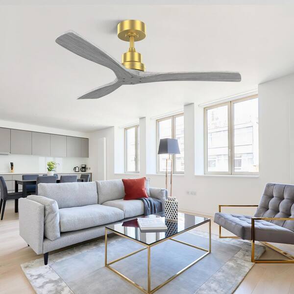 52 in. Gold Indoor Ceiling Fan with Remote Control, Solid Wood Blades and Reversible DC Motor