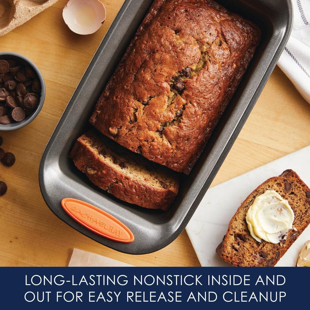 Gray Nonstick Carbon Steel Loaf Pan with Orange Handles, 9x5 Inch