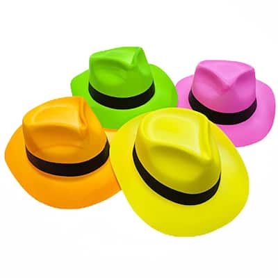 Party Stars Neon Fedora Plastic Party Hats Gangster Style UV Blacklight Glow for Kids and Adults (Pack of 12)