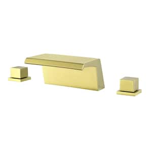 2-Handle Waterfall Deck-Mount Roman Tub Faucet with Modern 3-Hole Brass Bathtub Fillers in Brushed Gold