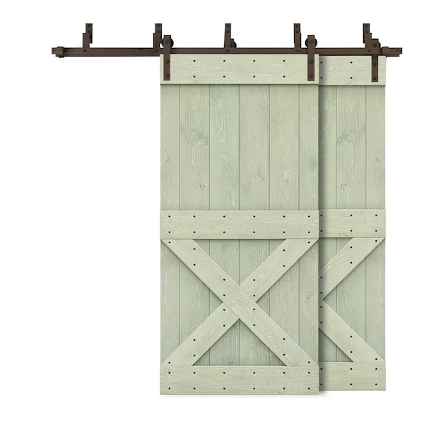 CALHOME 52 in. x 84 in. Mini X Bypass Sage Green Stained DIY Solid Wood Interior Double Sliding Barn Door with Hardware Kit
