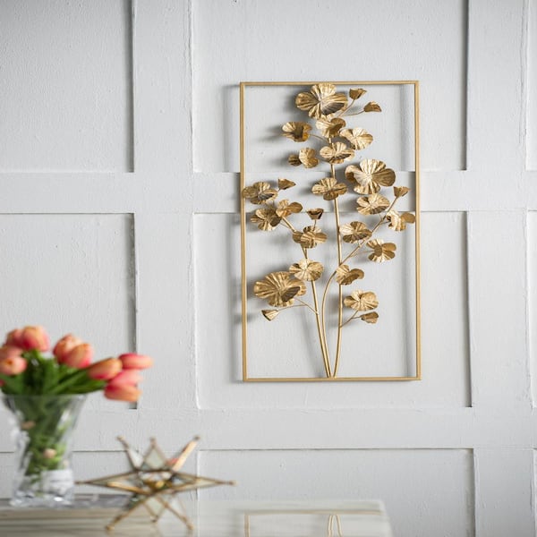 Unbranded Iron Gold Tree Metal Work Wall Decor, Vertical Rectangular Flower Wall Accent, for Living Room, Office