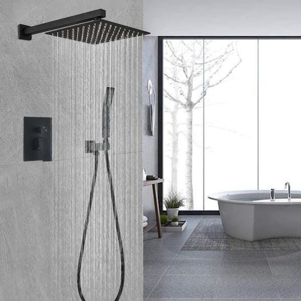 1-Spray Square Temperature Control Hand Shower and Showerhead from Wall Combo Kit with Hand Shower in Matte Black