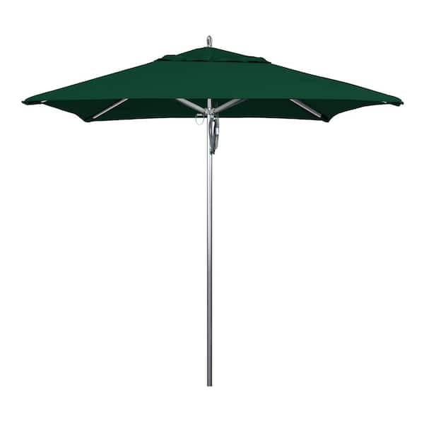 California Umbrella 7.5 ft. Square Silver Aluminum Commercial Market Patio Umbrella with Pulley Lift in Forest Green Sunbrella