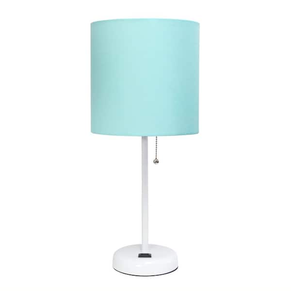 Simple Designs 19.5 in. White and Aqua Stick Lamp with Charging Outlet and Fabric Shade