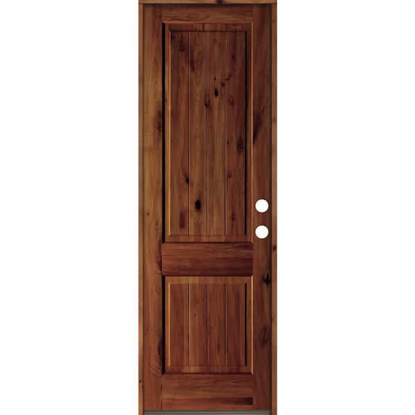 Krosswood Doors 30 in. x 96 in. Rustic Knotty Alder Square Top V-Grooved Red Chestnut Stain Left-Hand Wood Single Prehung Front Door