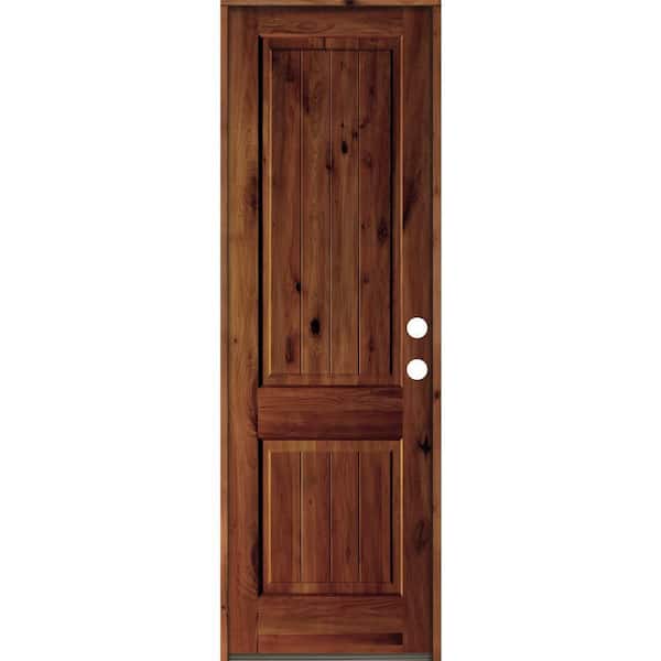 Krosswood Doors 32 in. x 96 in. Rustic Knotty Alder Square Top V-Grooved Red Chestnut Stain Left-Hand Wood Single Prehung Front Door