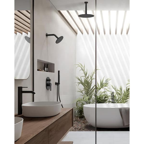 Classic Rain Shower Systems 3-Spray Round 10 in. and 6 in. Dual Ceiling Mount with Handheld Shower 2.5 GPM Matte Black