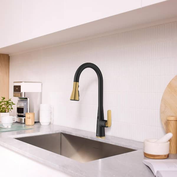 Aspirations 18 in. Touchless Pull Down Sprayer Kitchen Faucet with 360° Swivel in Matte Black/Brushed Cool Sunrise