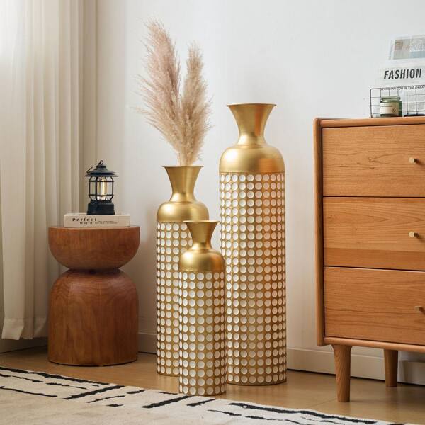 Classic 33 in. Gold Metal Cylinder Decorative Floor Vase 3-Piece w/ Textured Pattern for Home Office and Wedding Decor CCWP386880