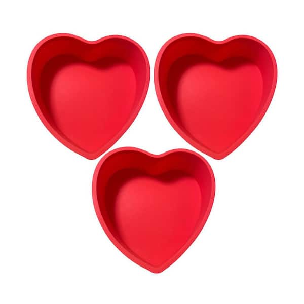 Heart Shaped 6 in. Silicone Non-Stick Cake Pan Set with Quick Release, Heat Resistant, Easy Clean, 3-Piece
