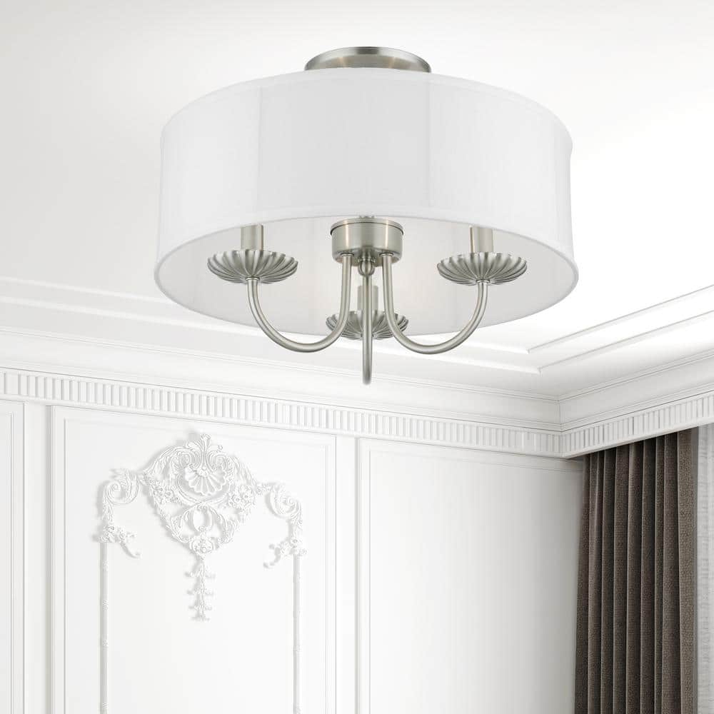 Brookdale Brushed Nickel 3-Light Semi-Flush Mount with Off-White Drum Shade