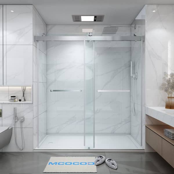 MCOCOD 60 in. W x 79 in. H Double Sliding Frameless Soft Close Shower Door in Brushed Nickel with 3/8 in. (10 mm) Clear Glass