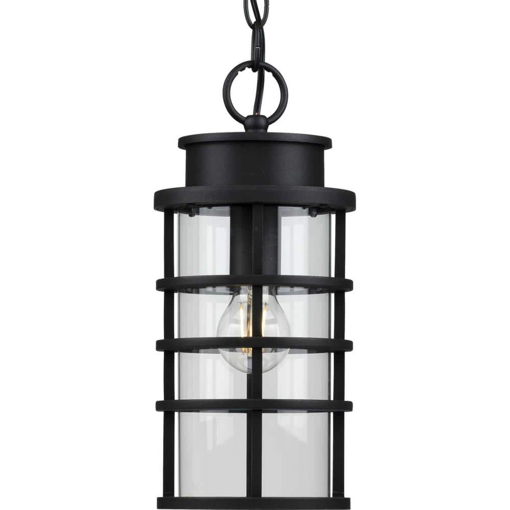 Black Ribbed Frame Outdoor Hanging Lantern with Clear Glass Shade